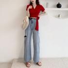 Short-sleeve Tie-front T-shirt / Washed Ripped Wide Leg Jeans / Set