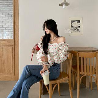 Smocked-back Two-way Floral Blouse Cream - One Size