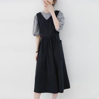 Elbow-sleeve Plaid Blouse / Midi A-line Pinafore Dress