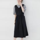 Elbow-sleeve Plaid Blouse / Midi A-line Pinafore Dress