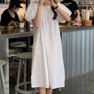 Puff-sleeve Cutout Drawstring Midi Shift Dress