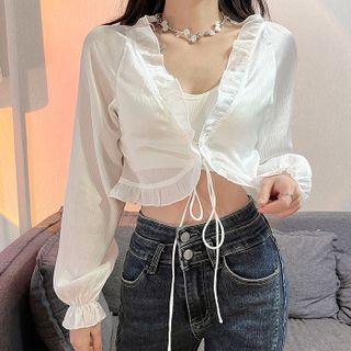 Cold-shoulder Ruffle Trim Crop Blouse