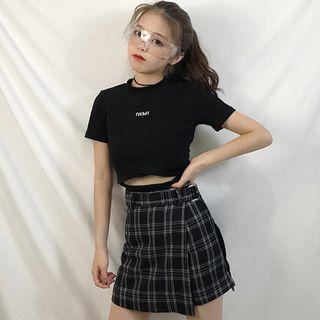 Short-sleeve Embroidered Cropped Top / Mini Plaid Skort