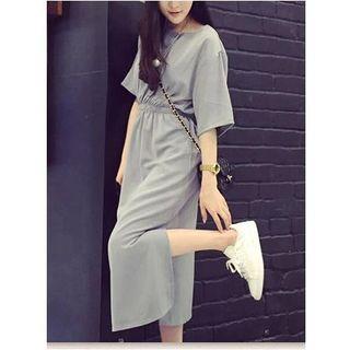 Elbow-sleeve Band Waist Midi Dress