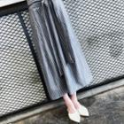 Set: Plain Elbow-sleeve Top + Striped Midi A-line Skirt