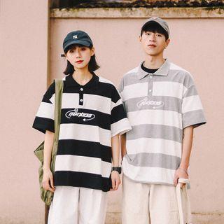 Elbow-sleeve Lettering Print Striped Polo Shirt