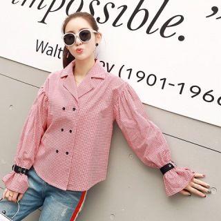 Puff-sleeve Shirred Gingham Blouse