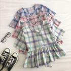 Color-block Plaid V-neck Ruffled-trim Short-sleeve Top