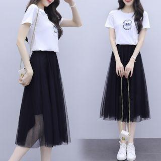 Set: Short-sleeve T-shirt + Mesh Overlay Midi Skirt
