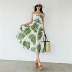 Drawstring-waist Leaf-pattern Linen-blend Strappy Dress