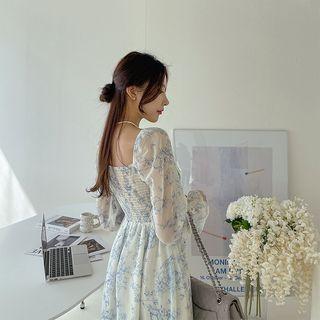 Smocked Floral Chiffon Dress Sky Blue - One Size
