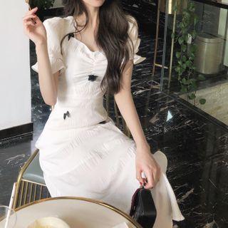 Puff-sleeve Bow A-line Midi Dress