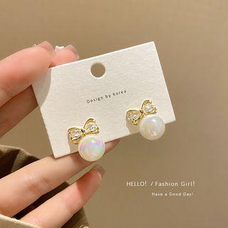 Bow Rhinestone Faux Pearl Alloy Dangle Earring E5151 - Gold - One Size