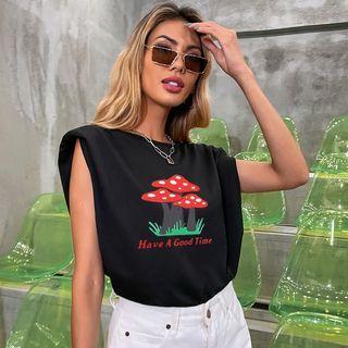 Sleeveless Shoulder Padded Mushroom Print T-shirt