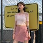 Short-sleeve Cold Shoulder Cropped T-shirt / Asymmetric Checker A-line Mini Skirt