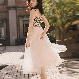 Set: Embroidered Spaghetti-strap A-line Maxi Mesh Dress + Bell-sleeve Jacket