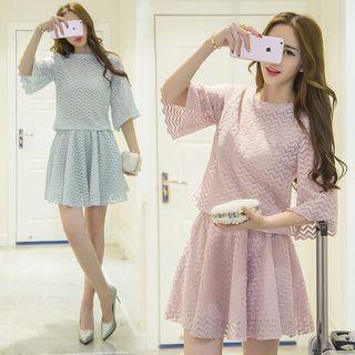 Set: Perforated 3/4 Sleeve Top + Lace Skirt