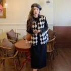 Argyle Fleece Button-up Vest / Long-sleeve Slit Midi Dress