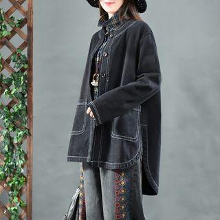 Contrast-stitching Buttoned Denim Jacket Black - One Size