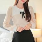 Sheer-sleeve Two-tone Blouse & Brooch