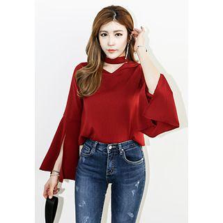 Choker-neckline Slit-sleeve Blouse