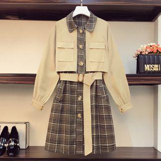 Puff-sleeve Paneled Plaid Shirtdress