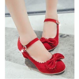 Ribbon Accent Scallop Trim Block Heel Mary Janes Pumps