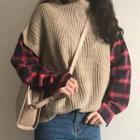 Knit Panel Mock Two-piece Plaid Pullover