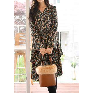 Ruffle-tiered Floral Shirtdress With Sash