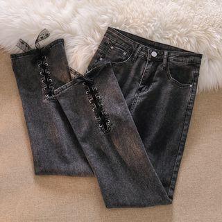 Mid-waist Lace-up Flared Jeans