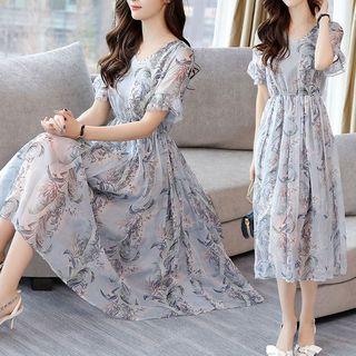 Short-sleeve Floral Print Chiffon Midi Beach Dress