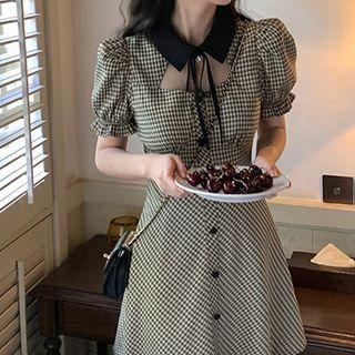 Short-sleeve Cutout Check A-line Shirtdress