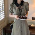 Short-sleeve Cutout Check A-line Shirtdress