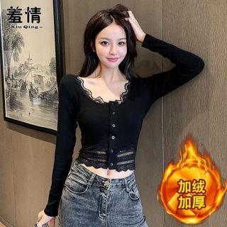 Long-sleeve Lace Panel Fleece Cropped Top