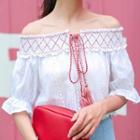 Eyelet Lace Elbow-sleeve Off-shoulder Top