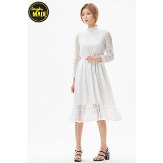 Mock-neck Shirred Lace Dress