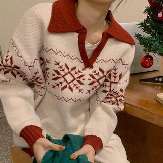 Snowflake Color Block Polo Neck Sweater