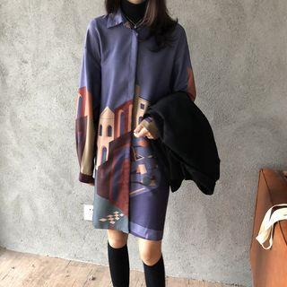 Long Sleeve Print Shirtdress As Shown In Figure - One Size
