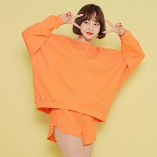 Set: Round-neck Loose-fit Pullover + Band-waist Shorts