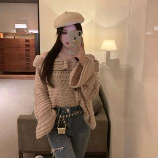Off-shoulder Ruffled Knit Top Sweater - One Size
