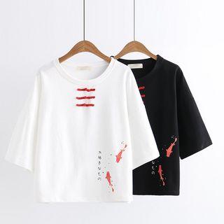 Printed Frog-button Elbow-sleeve T-shirt