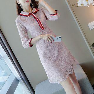 3/4-sleeve Tie-neck Mini A-line Collared Lace Dress