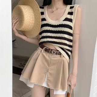Short-sleeve Striped Crochet Knit Top / Tank Top / Asymmetrical Mini A-line Skirt / Faux Leather Belt / Set