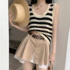 Short-sleeve Striped Crochet Knit Top / Tank Top / Asymmetrical Mini A-line Skirt / Faux Leather Belt / Set