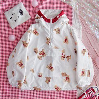 Bear Print Hooded Pullover Jacket Brown Bear - White - One Size