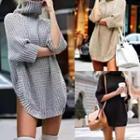 High-neck Batwing-sleeve Medium Long Knit Top