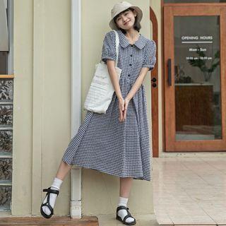 Short-sleeve Collared Plaid Midi A-line Dress Plaid - Black & White - One Size