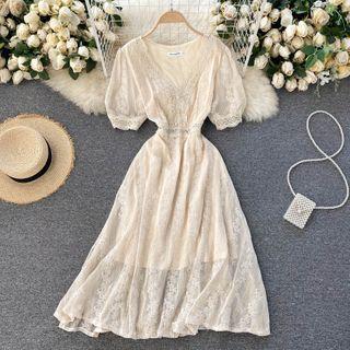 V-neck Lace Trim Embroidered Midi A-line Dress