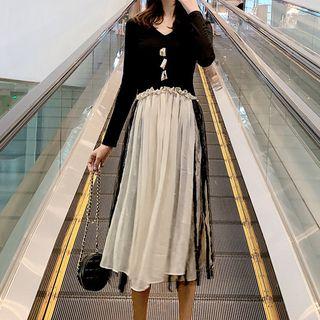Two-tone Long-sleeve Lace Trim A-line Midi Dress