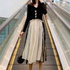 Two-tone Long-sleeve Lace Trim A-line Midi Dress